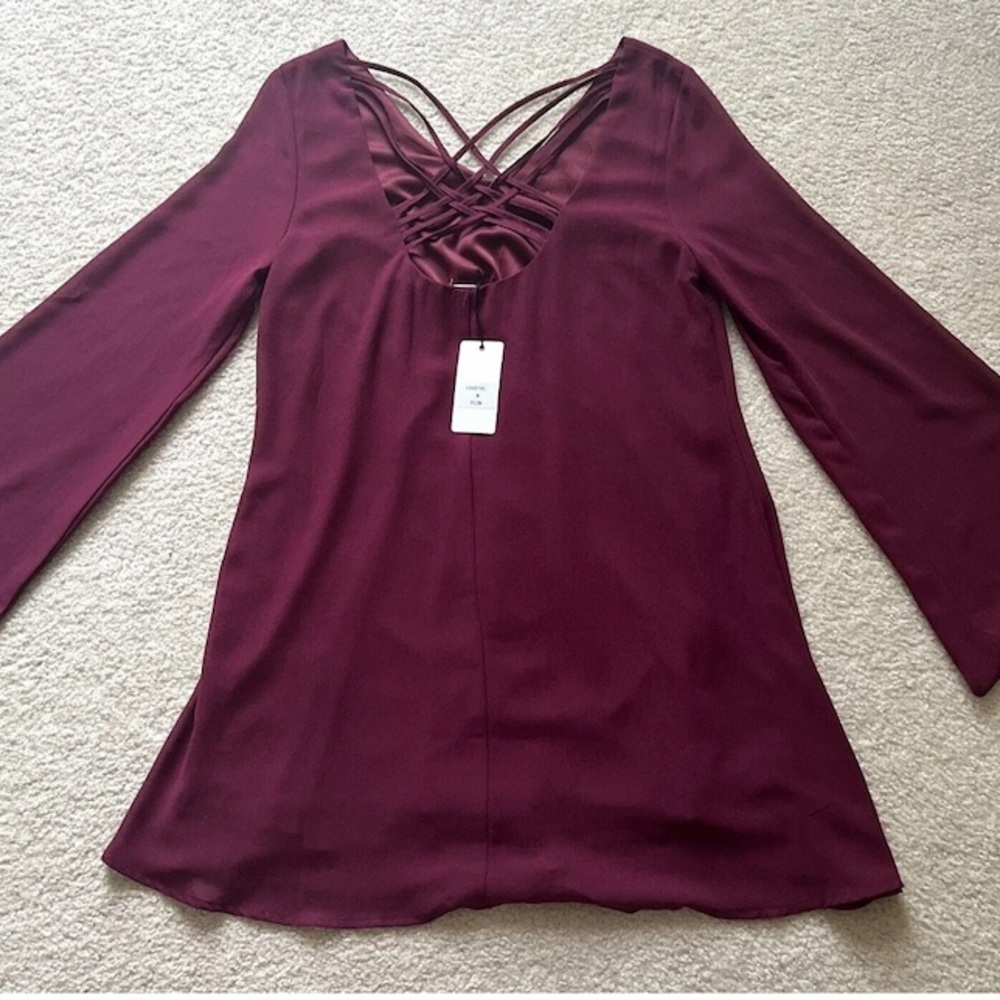 Love Riche Plum Lined Bell Sleeves Loose Fit Tunic Dress Womens Size Medium NWT